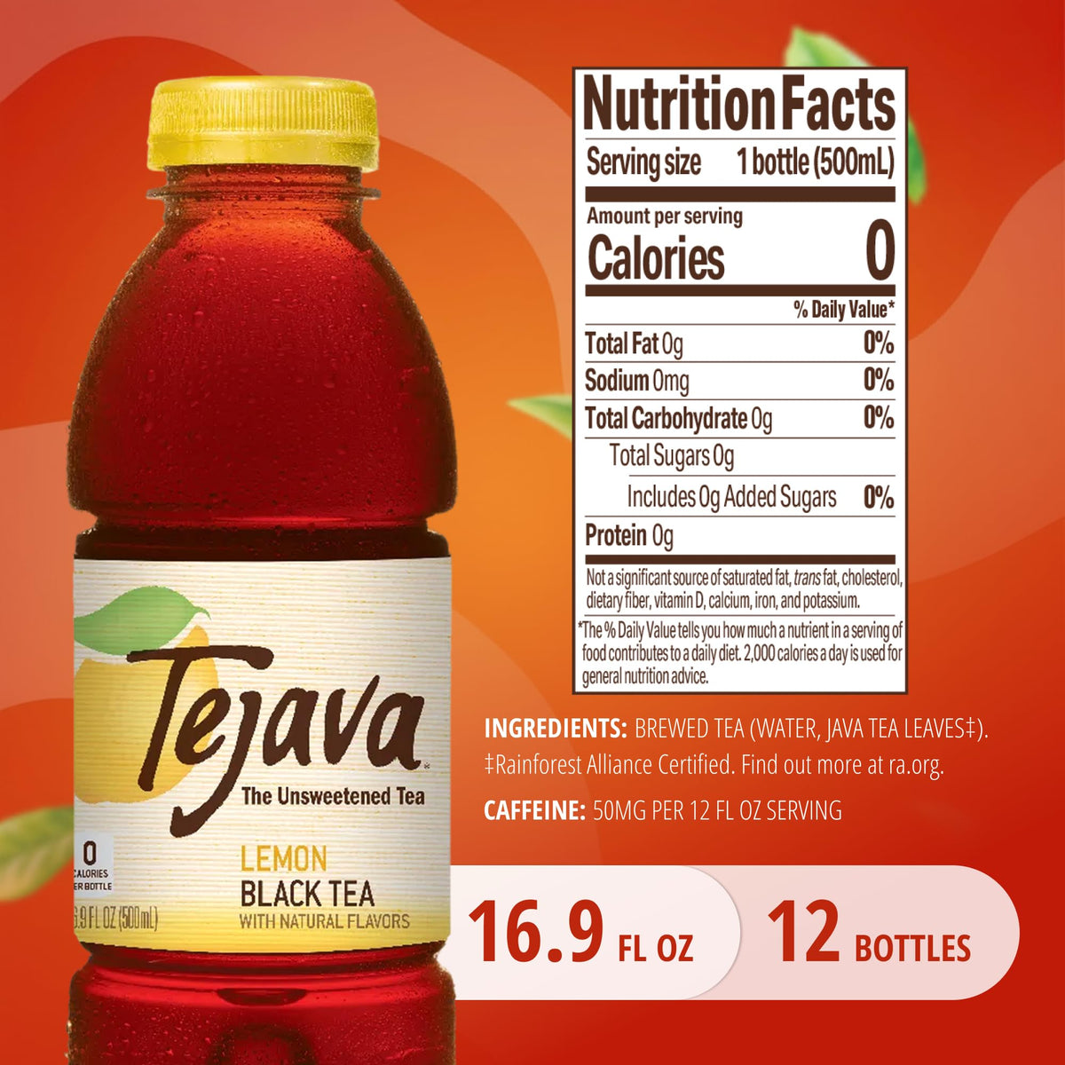 Tejava Lemon Black Tea - 12-Pack, 16.9 oz Bottles, Unsweetened, Non-GMO, Kosher