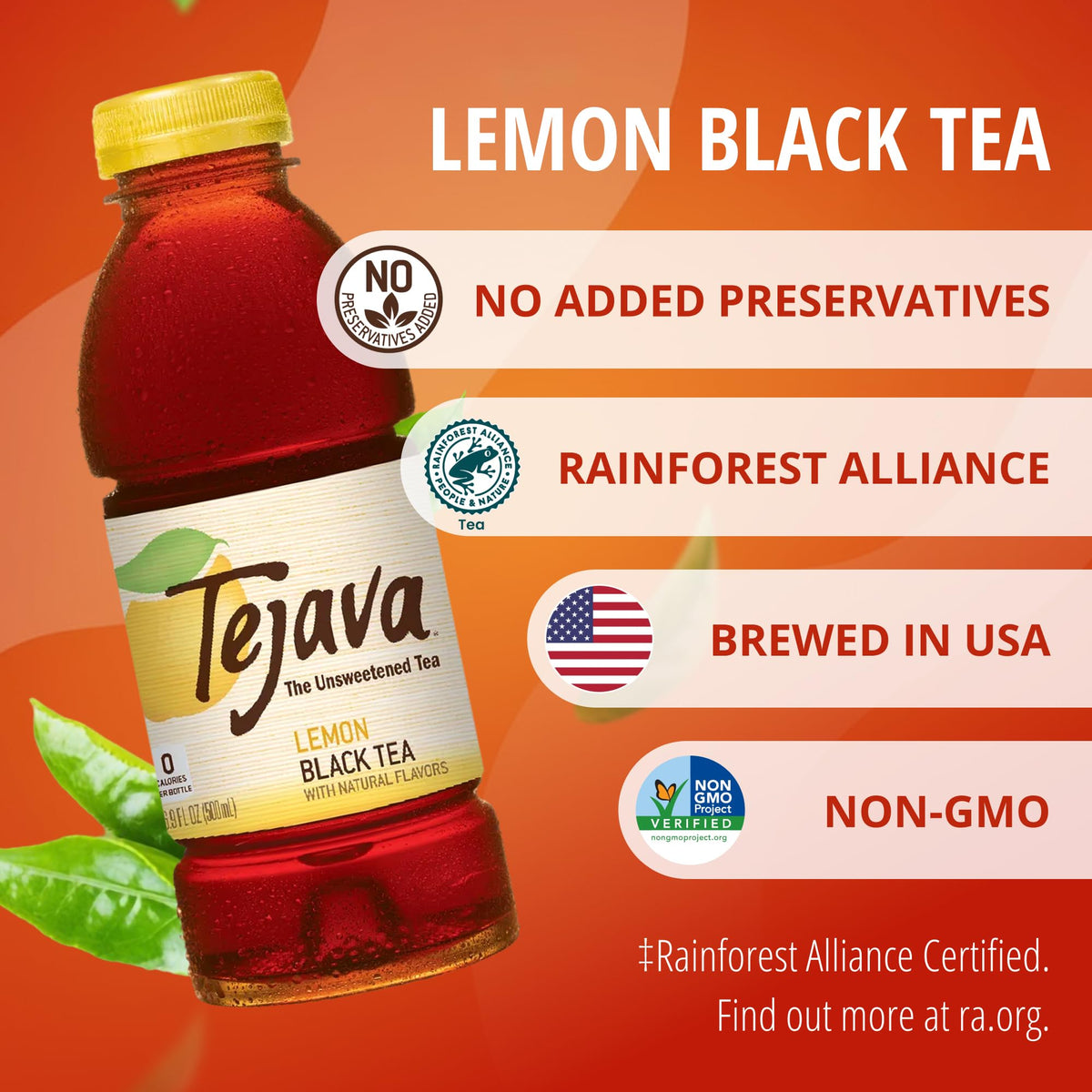 Tejava Lemon Black Tea - 12-Pack, 16.9 oz Bottles, Unsweetened, Non-GMO, Kosher