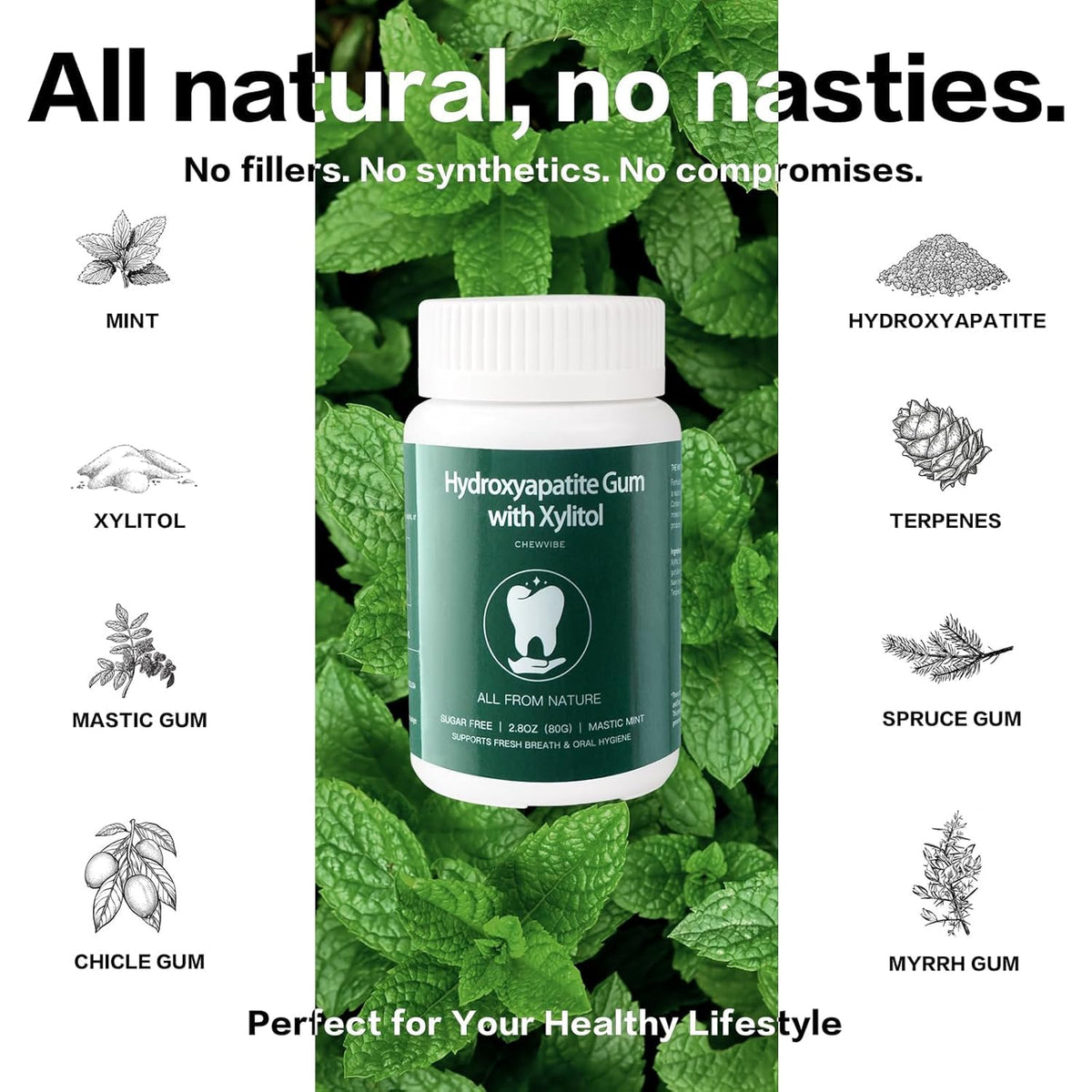 TemphytBong Remineralizing Gum 80g – Sugar-Free Mint with Hydroxyapatite for Enamel Support