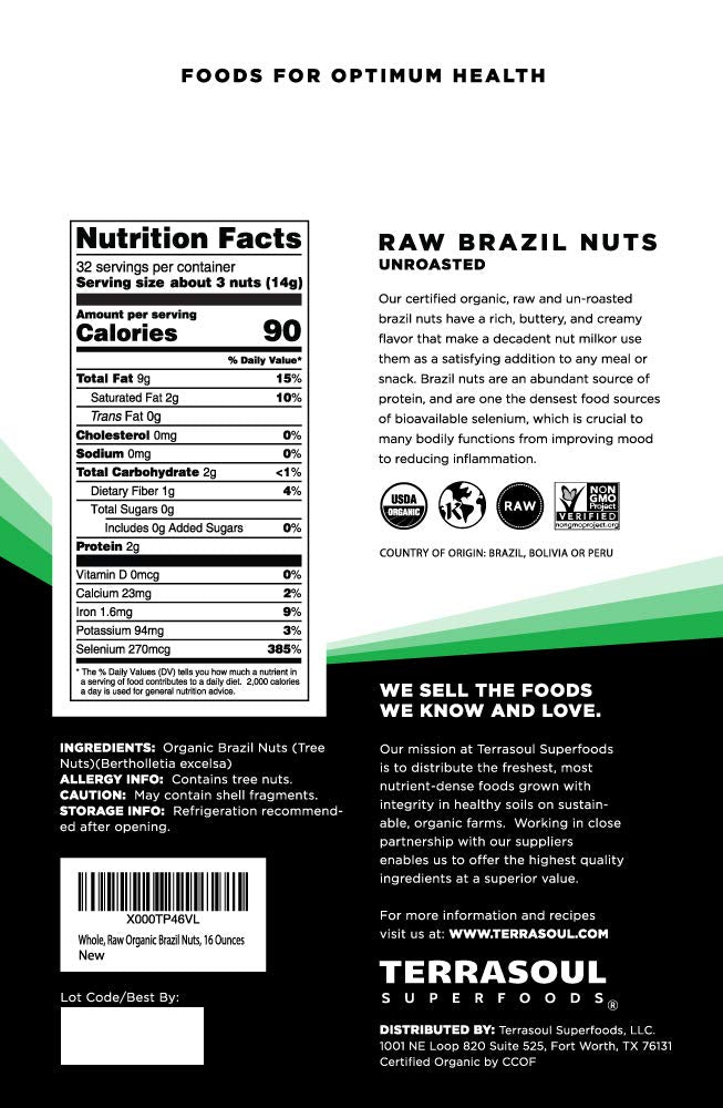 Terrasoul Organic Brazil Nuts, 1 lb — Raw, Unsalted, Selenium-Rich | Terrasoul Superfoods