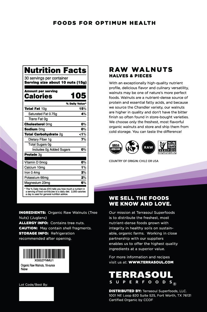 Terrasoul Superfoods Organic Raw Walnuts – Chandler Variety, 2 Lb Pack, Light Color, California-Grown