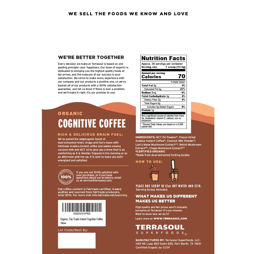 Terrasoul Organic Cognitive Mushroom Coffee – 30 Servings, Energize Mornings & Focus (Compare to Ryze)