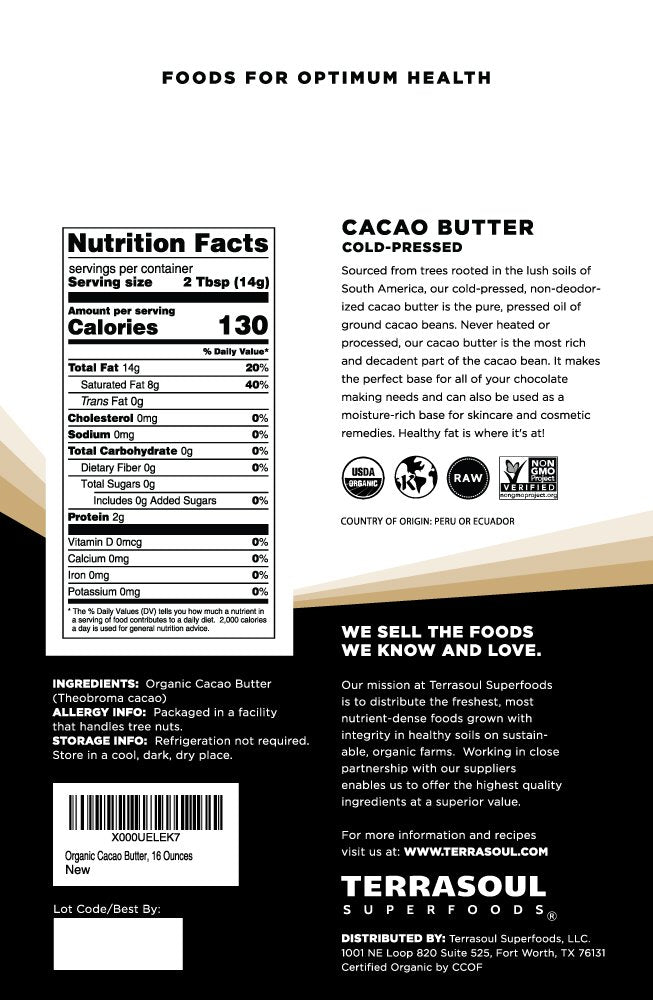 Terrasoul Organic Cacao Butter 1 Lb – Raw, Keto, Vegan, Unrefined | Terrasoul Superfoods