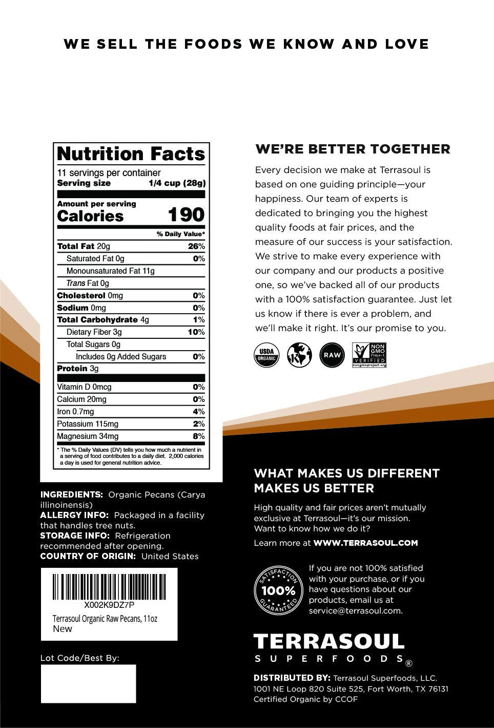 Terrasoul Organic Pecans, 11 Oz Pack of 2 — Mammoth Halves, Raw & Fresh