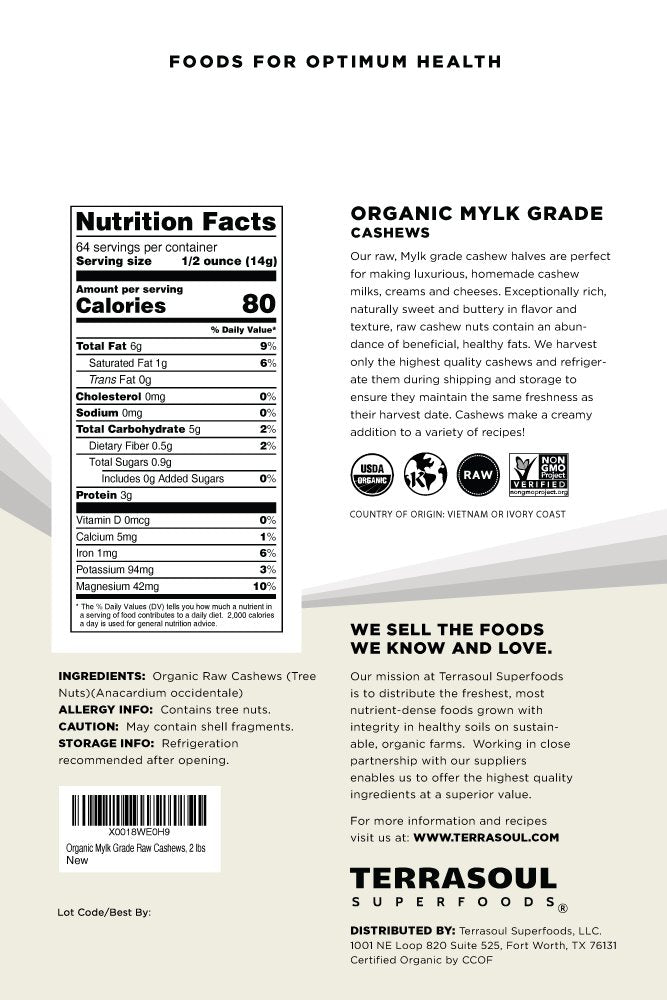 Terrasoul Organic Raw Cashews Mylk Grade – 6 Lbs (Pack of 3) for Cashew Milk, Desserts & Nut Butter