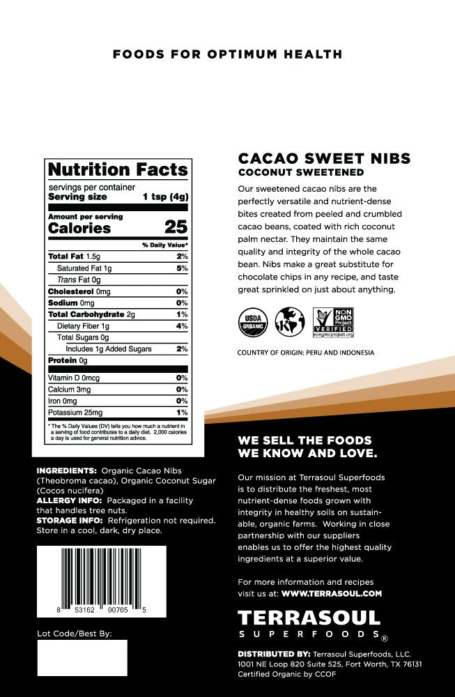 Terrasoul Organic Sweet Cacao Nibs, 1 Pound | Vegan, Gluten-Free, Non-GMO