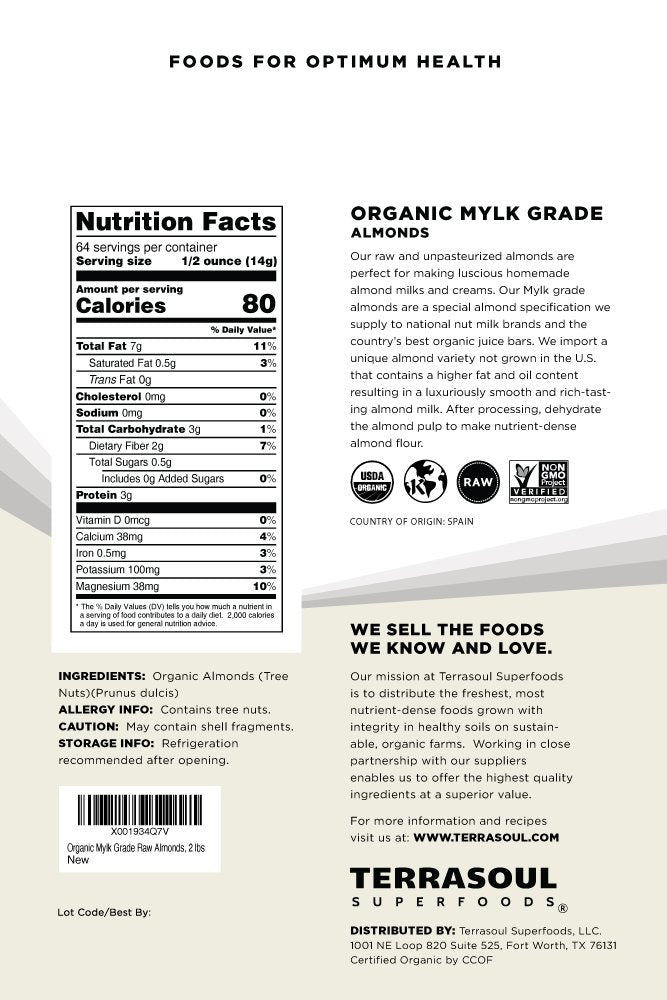 Terrasoul Superfoods Raw Unpasteurized Organic Almonds (Mylk Grade) – 2 lb