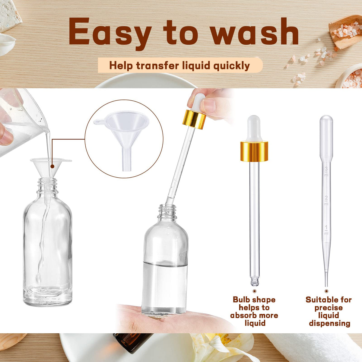 Tessco for you 20 Pack 3.4 oz Glass Dropper Bottles, 100 ml Glass Tincture Bottles with Eye Droppers with Funnel, Labels & Pipette for Essential Oil, Health, Personal Care & Beauty (Clear Gold)