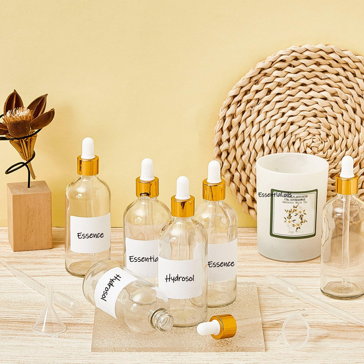 Tessco for you 20 Pack 3.4 oz Glass Dropper Bottles, 100 ml Glass Tincture Bottles with Eye Droppers with Funnel, Labels & Pipette for Essential Oil, Health, Personal Care & Beauty (Clear Gold)