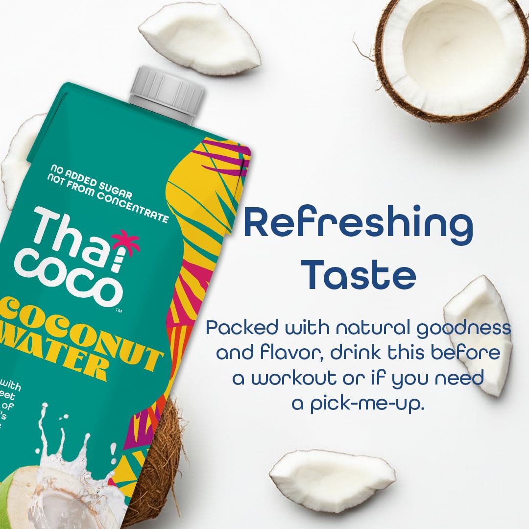 Thai Coco Organic Coconut Water – 100% Pure & Unsweetened, USDA Organic, 6 x 1L Tetra Cartons