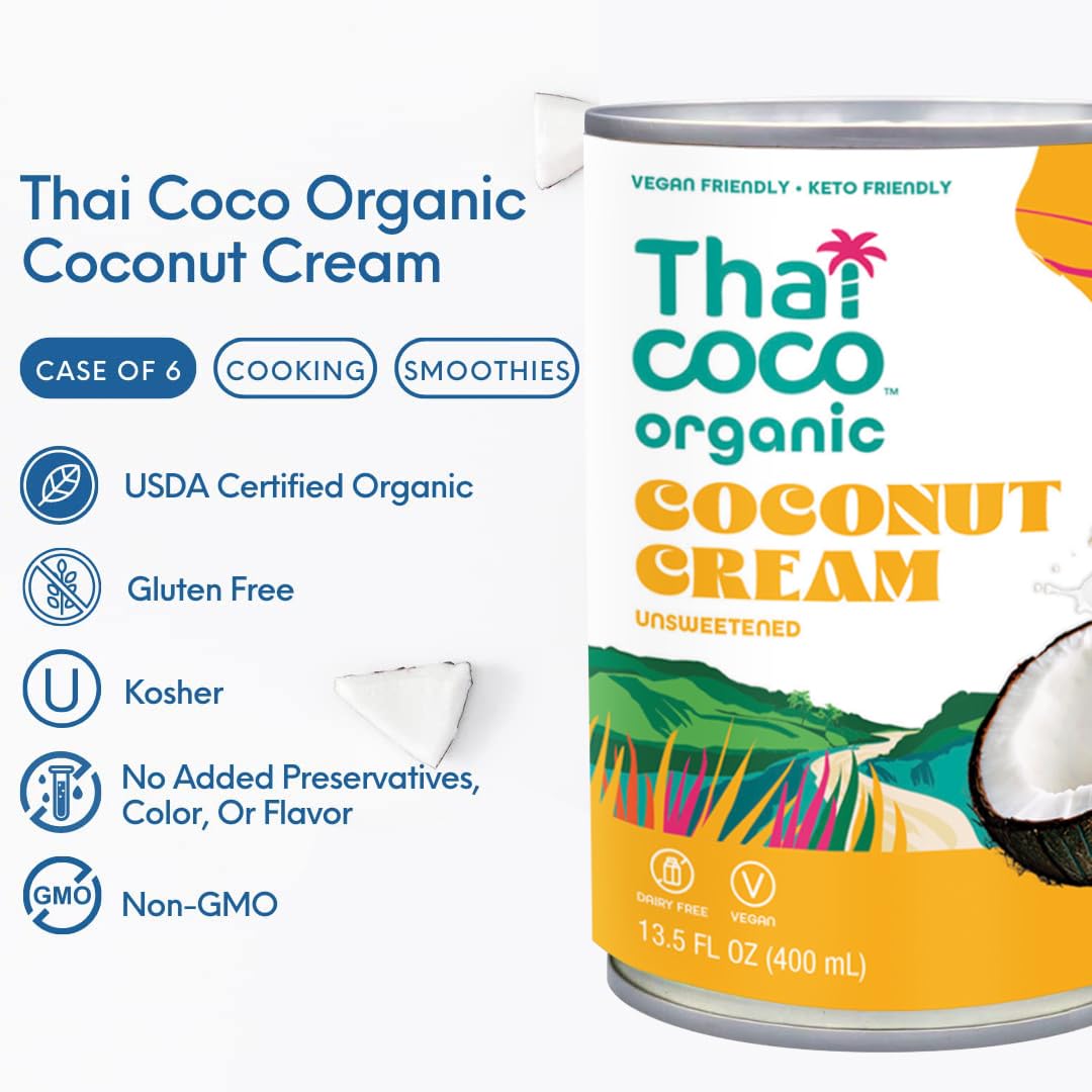Thai Coco Organic Coconut Cream – Full Fat Unsweetened Heavy Cream, 13.5 fl oz, 6 Pack