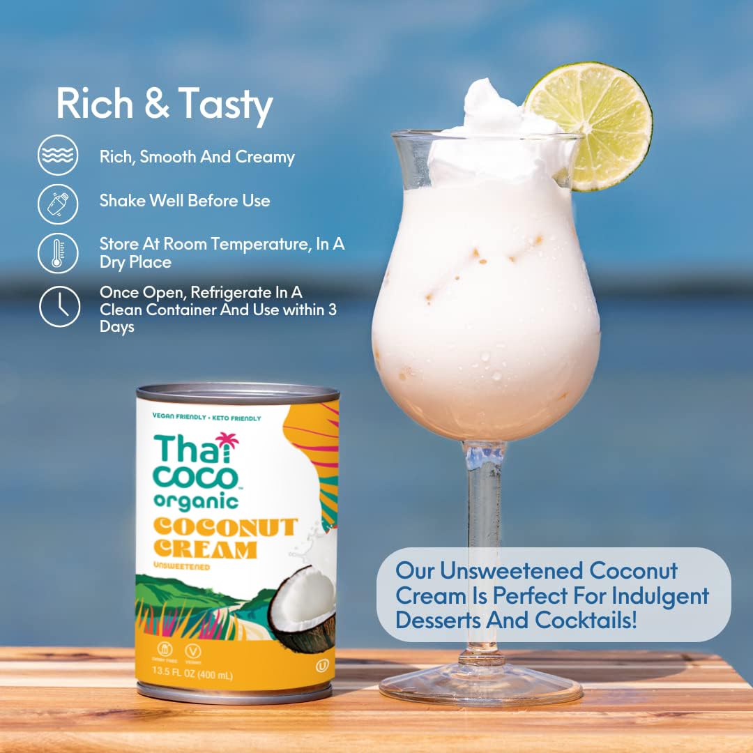 Thai Coco Organic Coconut Cream – Full Fat Unsweetened Heavy Cream, 13.5 fl oz, 6 Pack