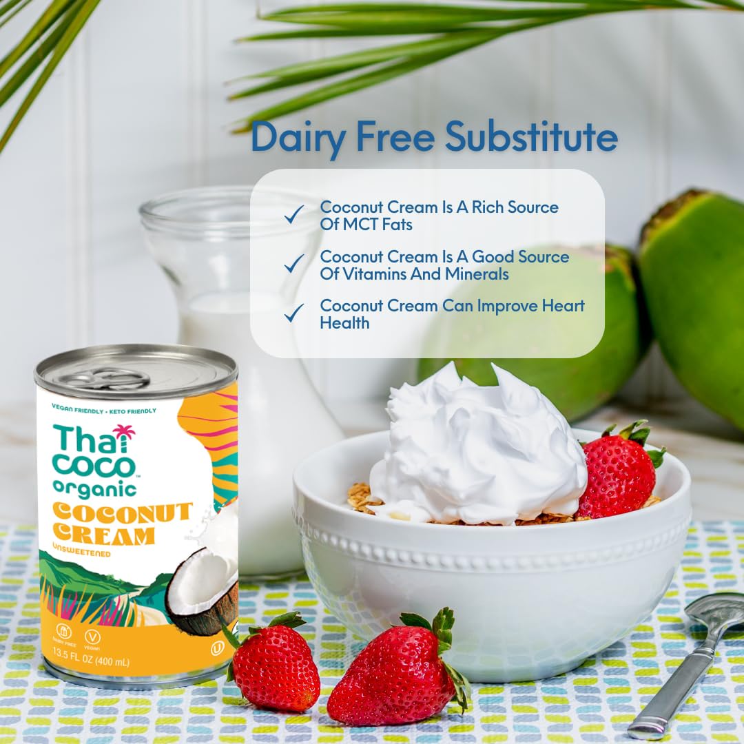 Thai Coco Organic Coconut Cream – Full Fat Unsweetened Heavy Cream, 13.5 fl oz, 6 Pack