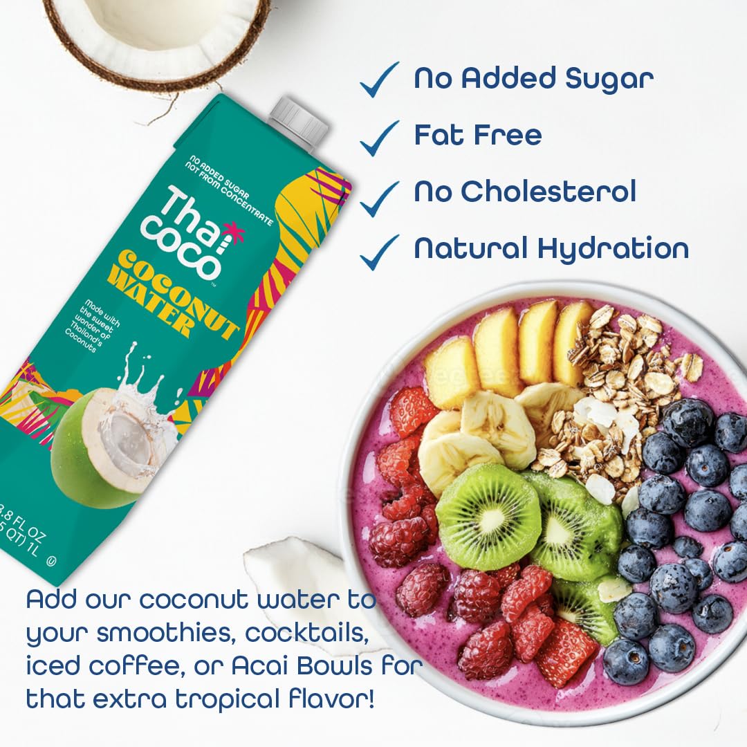 Thai Coco Organic Coconut Water – 100% Pure & Unsweetened, USDA Organic, 6 x 1L Tetra Cartons
