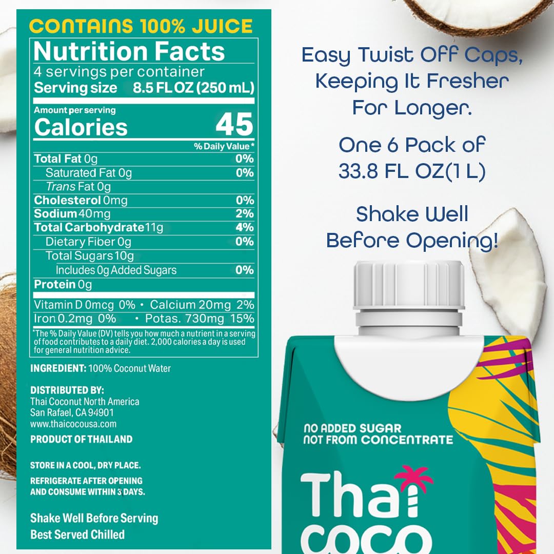 Thai Coco Organic Coconut Water – 100% Pure & Unsweetened, USDA Organic, 6 x 1L Tetra Cartons