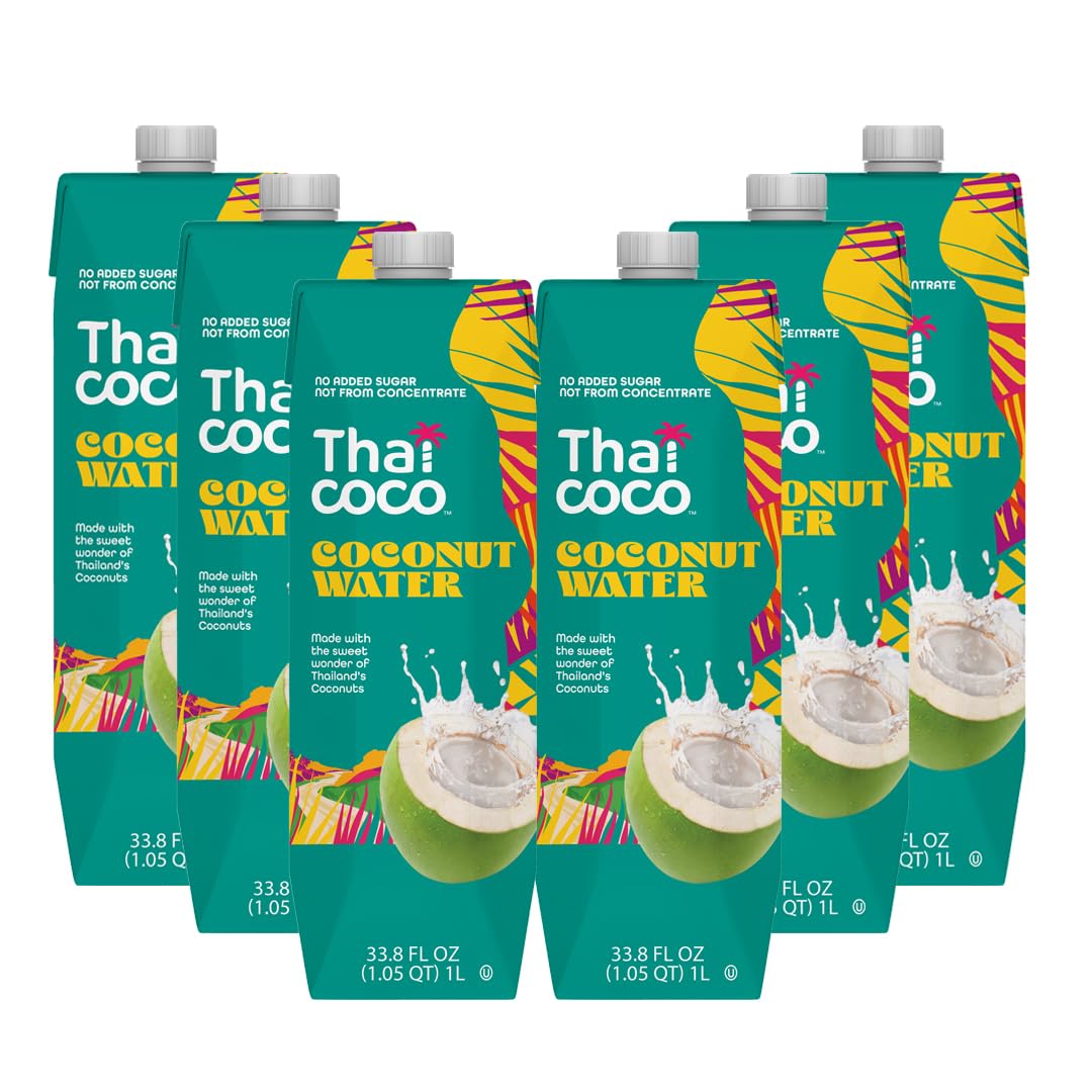 Thai Coco Organic Coconut Water – 100% Pure & Unsweetened, USDA Organic, 6 x 1L Tetra Cartons