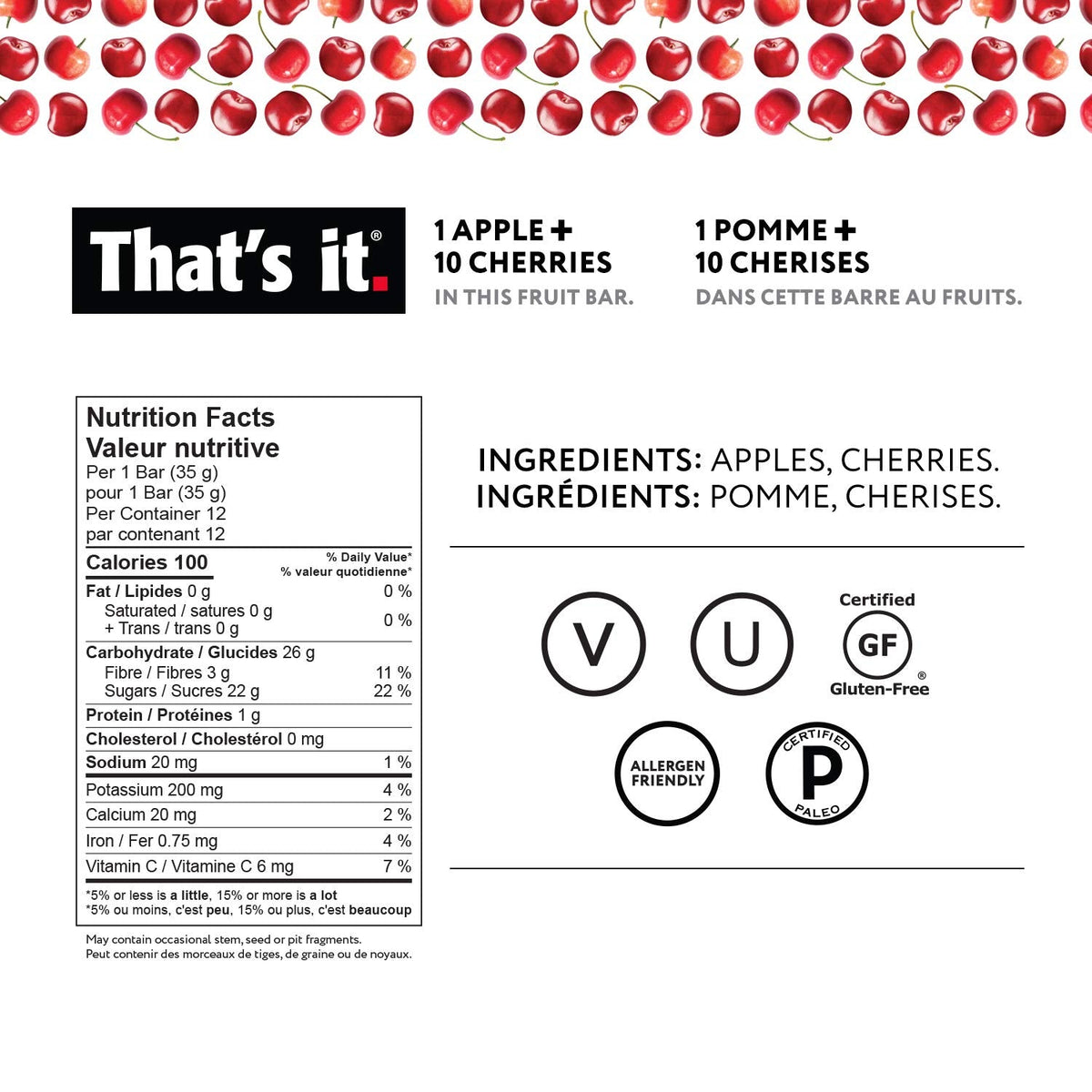 That's it. Apples + Cherry 100% Natural Real Fruit Bar – High Fiber Vegan, Gluten Free Sugar-Free Snack (Pack of 12)