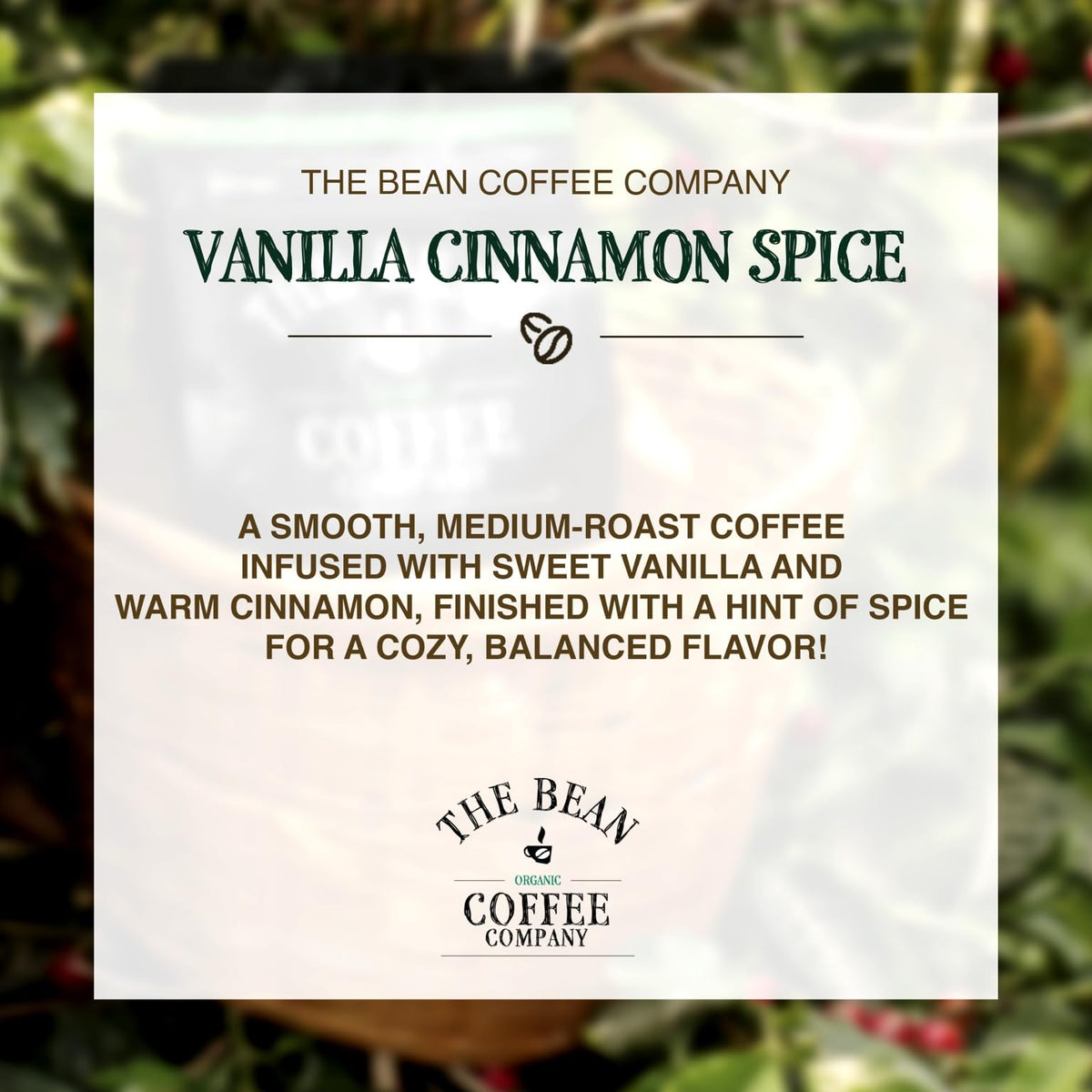Holiday Bean Vanilla Cinnamon Spice – The Bean Organic Coffee Company, Medium Roast, 16 oz Whole Bean
