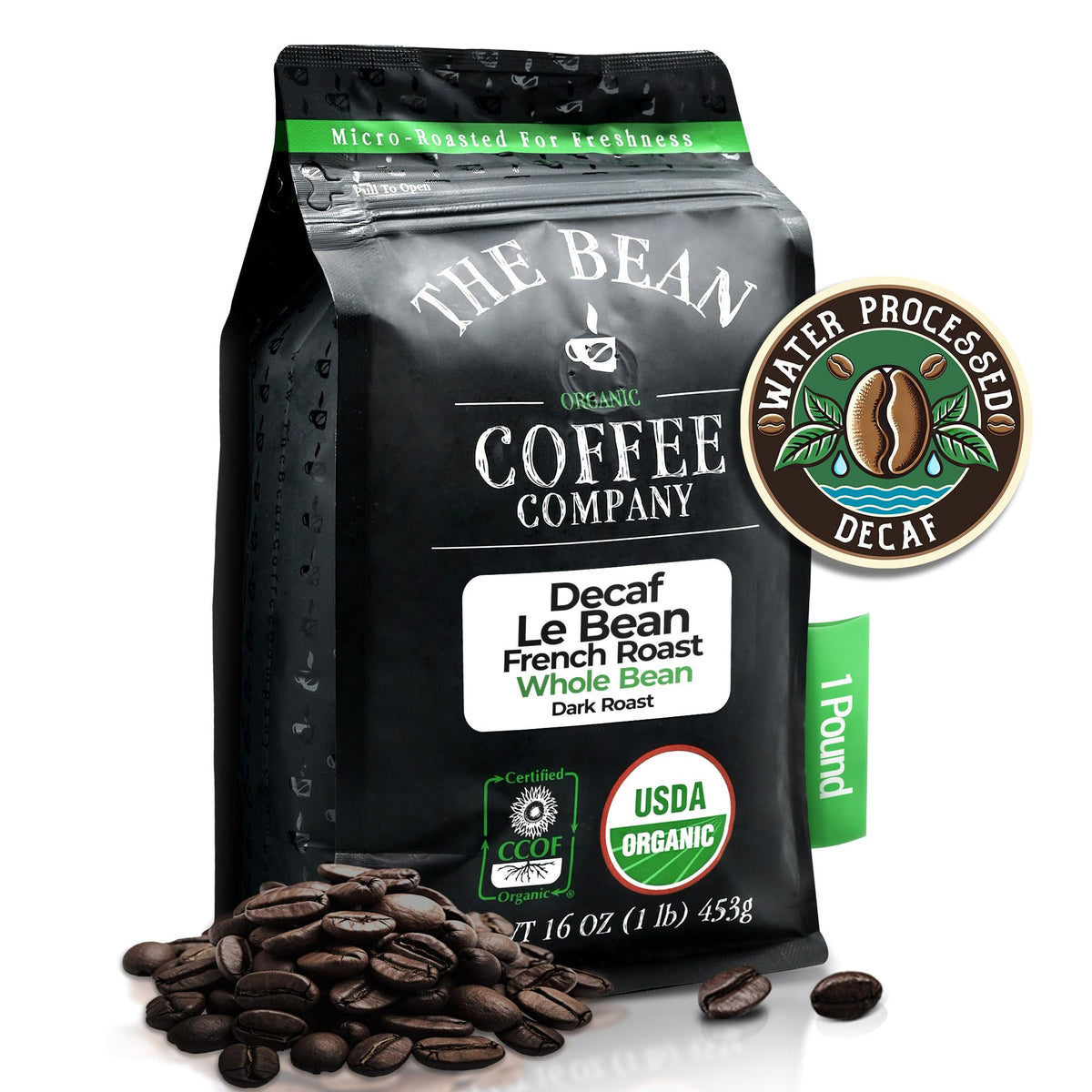 Le Bean Dark French Roast Decaf – The Bean Coffee Company, Organic Arabica, Swiss Water Process, Whole Bean, 16 oz