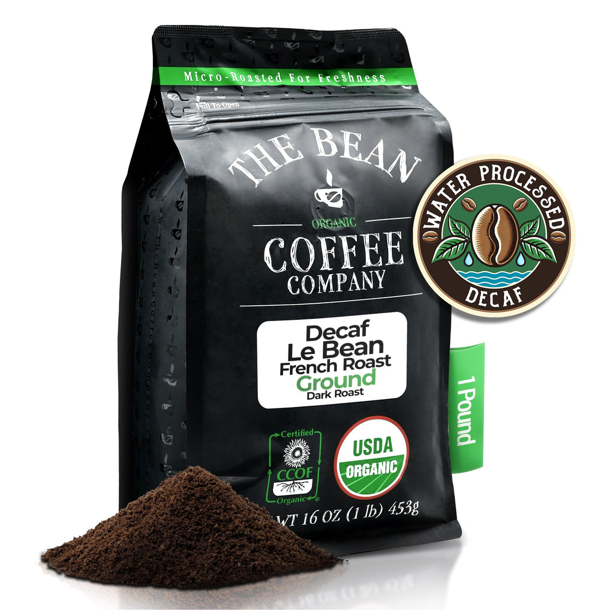 Le Bean Organic Water Processed DECAF – Dark French Roast Ground Coffee, 16 oz | The Bean Coffee Company