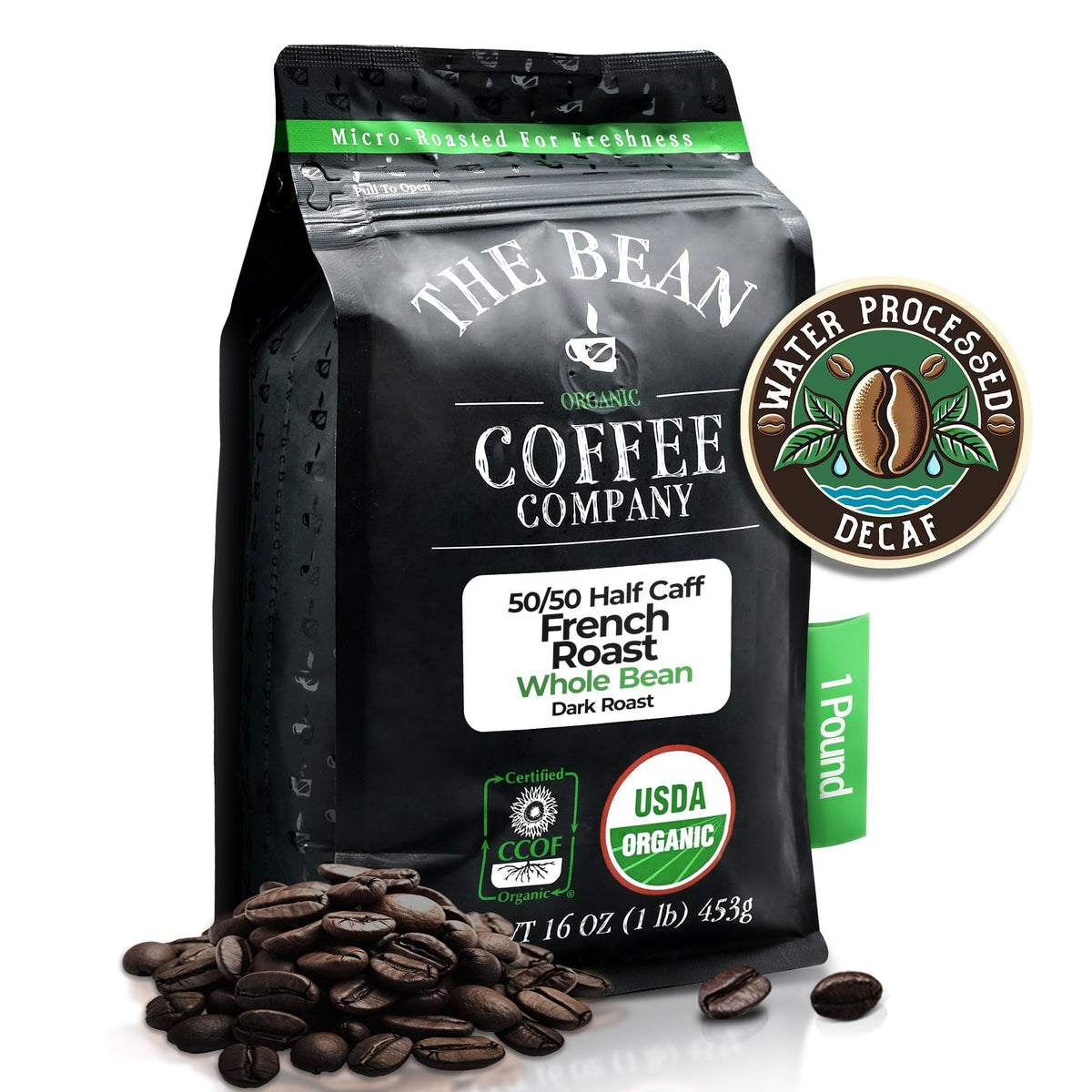 The Bean Organic Coffee Company 50/50 French Roast – 50% Decaf, Whole Bean, 16 oz, USDA Organic
