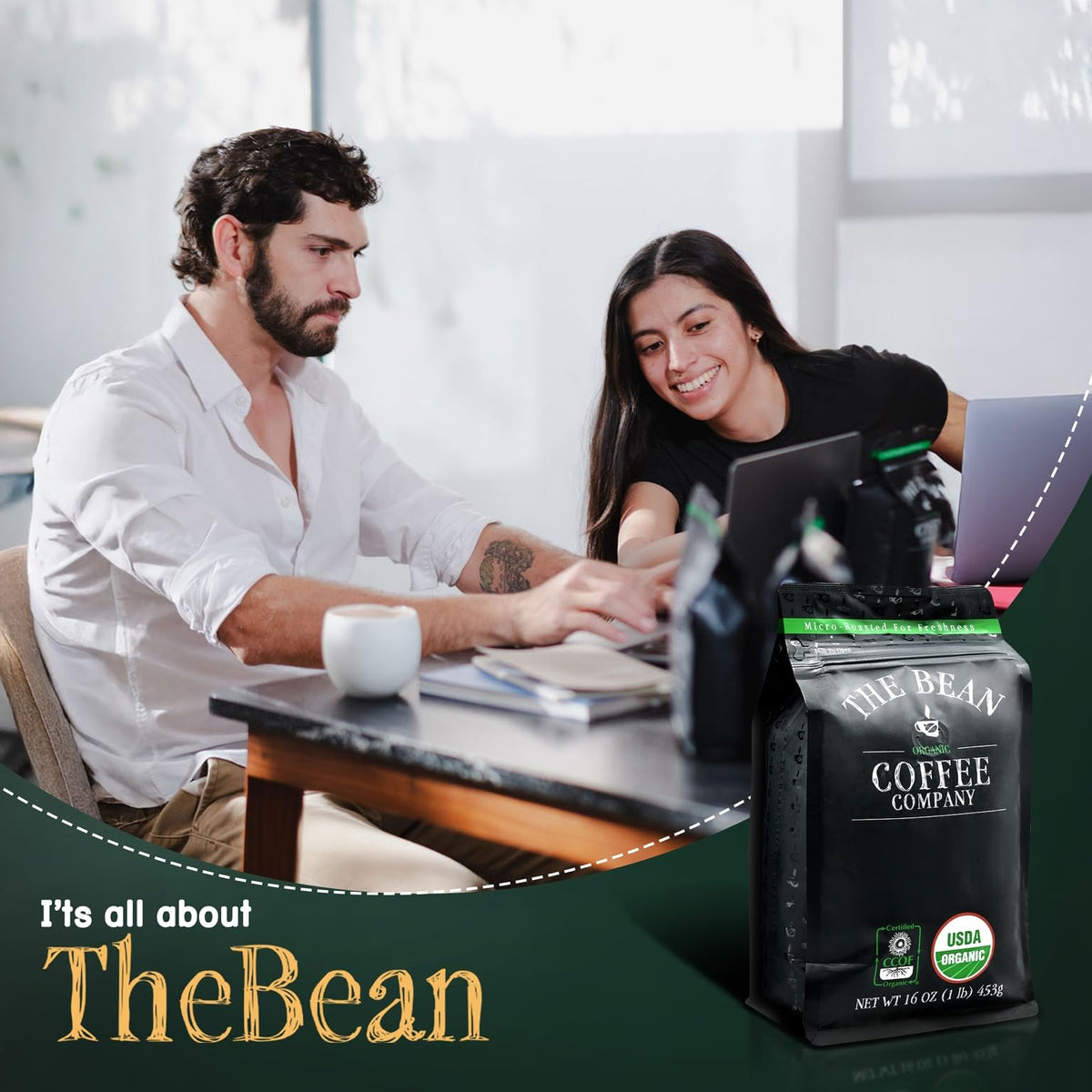 The Bean Organic Coffee Company 50/50 French Roast – 50% Decaf, Whole Bean, 16 oz, USDA Organic
