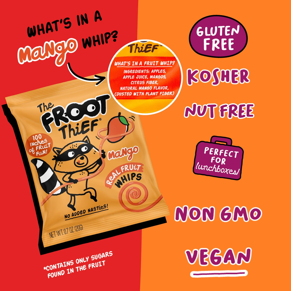 THE FROOT THIEF Mango Fruit Snack Whips – 24 Pack, Nut Free Real Mango Kids Snacks