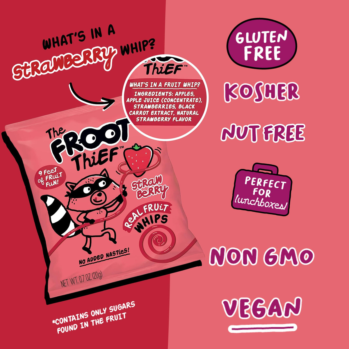 THE FROOT THIEF Strawberry Fruit Snack Whips – 24 Pack, Nut Free
