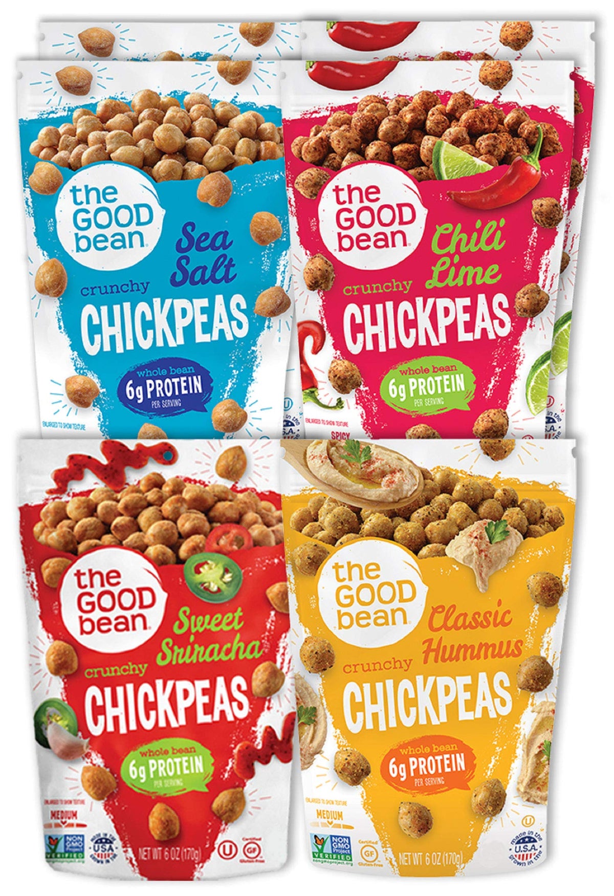 The Good Bean Crunchy Chickpeas Variety Pack – 6 Pack (6 oz each) | Sea Salt, Chili Lime, Sweet Sriracha, Classic Hummus | Vegan Snack