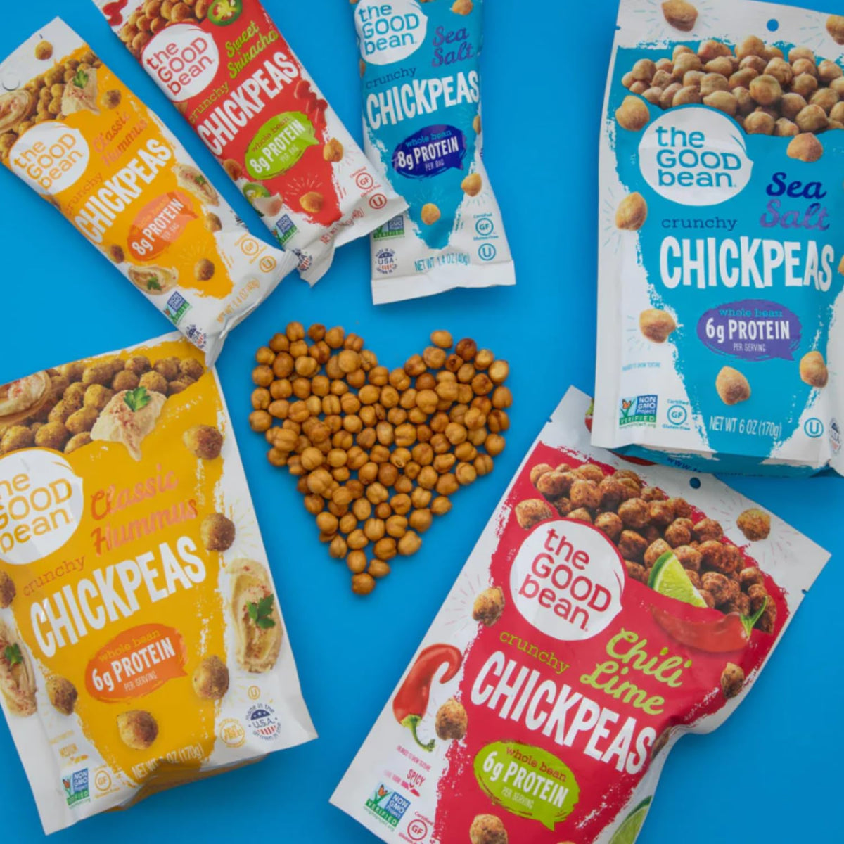 The Good Bean Crunchy Chickpeas Variety Pack – 6 Pack (6 oz each) | Sea Salt, Chili Lime, Sweet Sriracha, Classic Hummus | Vegan Snack
