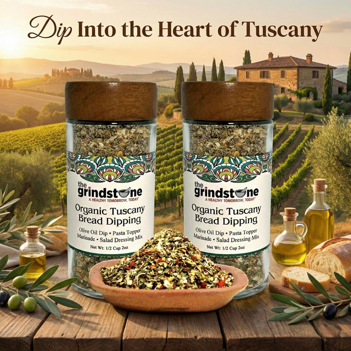 The Grindstone Organic Tuscany Bread Dipping Seasoning – 2 Pack, 2 oz Glass Bottles