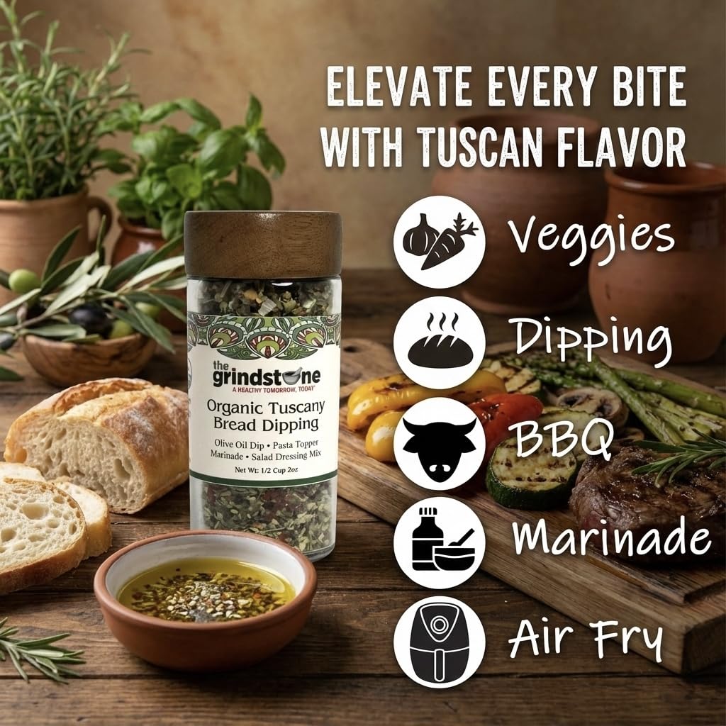 The Grindstone Organic Tuscany Bread Dipping Seasoning – 2 Pack, 2 oz Glass Bottles
