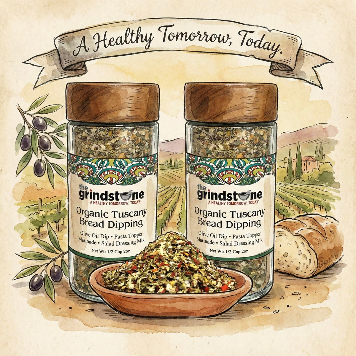 The Grindstone Organic Tuscany Bread Dipping Seasoning – 2 Pack, 2 oz Glass Bottles