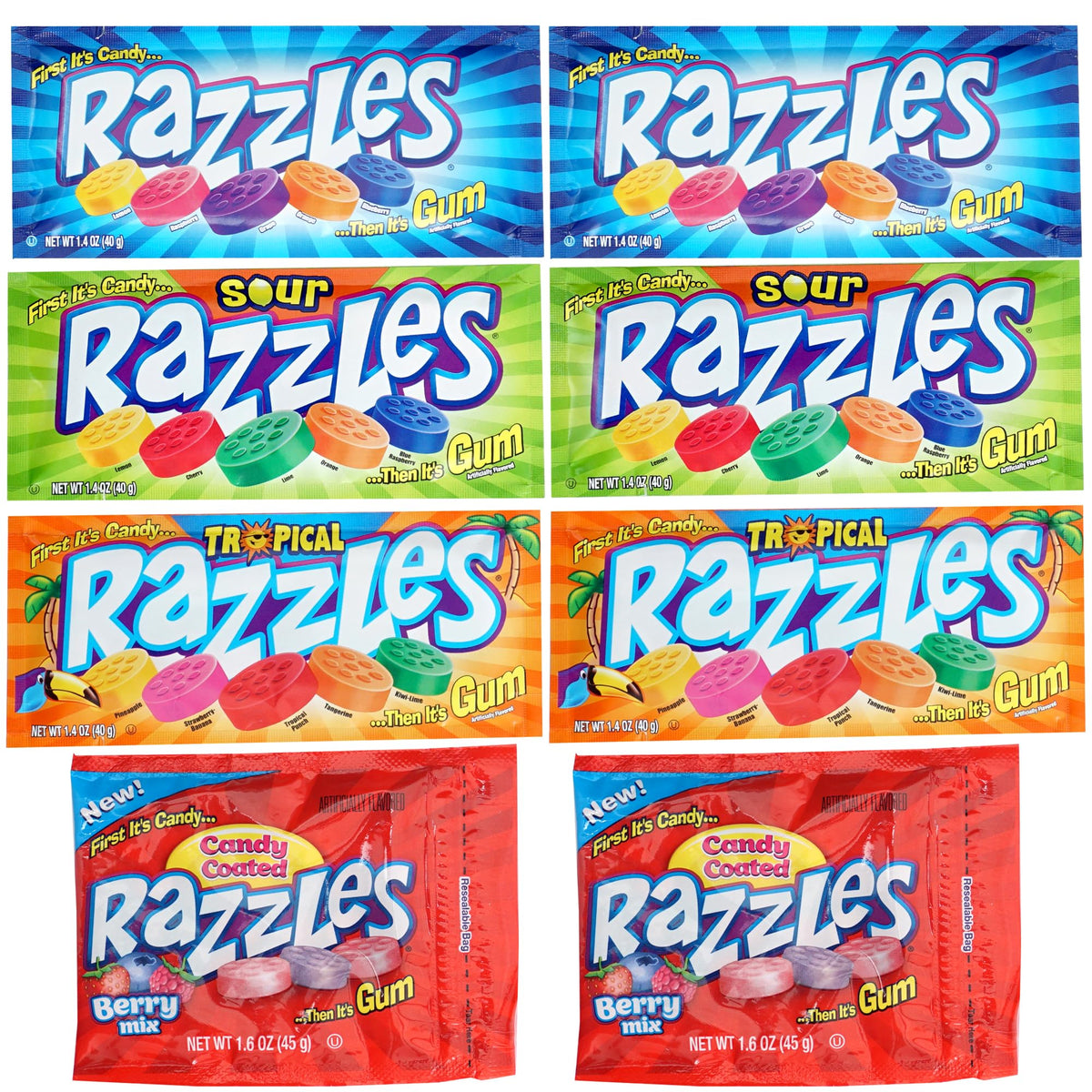 Razzles Candy Gum 8-Pack Variety – Berry, Tropical, Sour & Original | The Hampton Candy Company