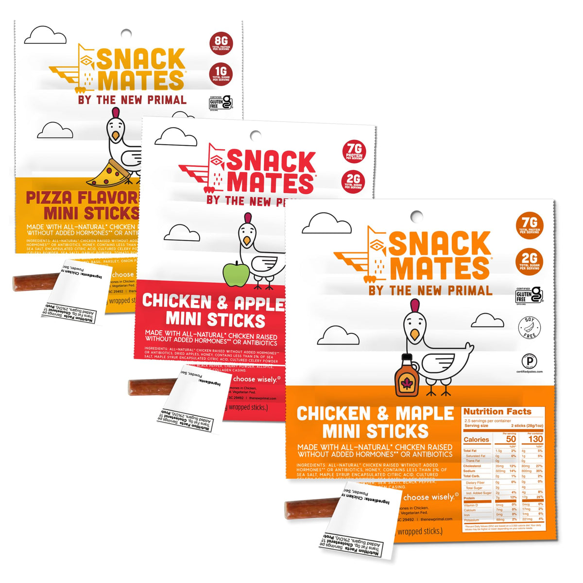 Snack Mates by New Primal Sampler – Mini Chicken Sticks (Three Flavors) 15 Count | Gluten Free, Paleo, High Protein