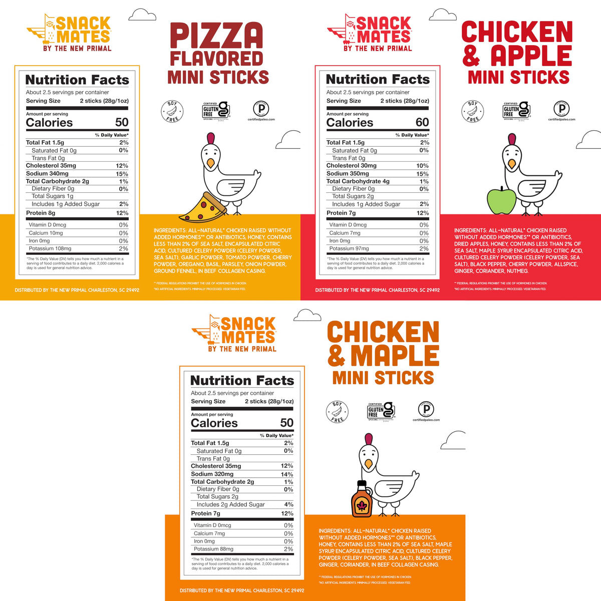 Snack Mates by New Primal Sampler – Mini Chicken Sticks (Three Flavors) 15 Count | Gluten Free, Paleo, High Protein