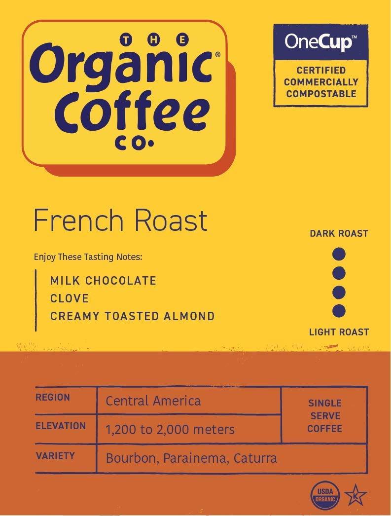 THE ORGANIC COFFEE CO. Compostable OneCup Pods – French Roast, 36 ct | Keurig 2.0 Compatible | USDA Organic