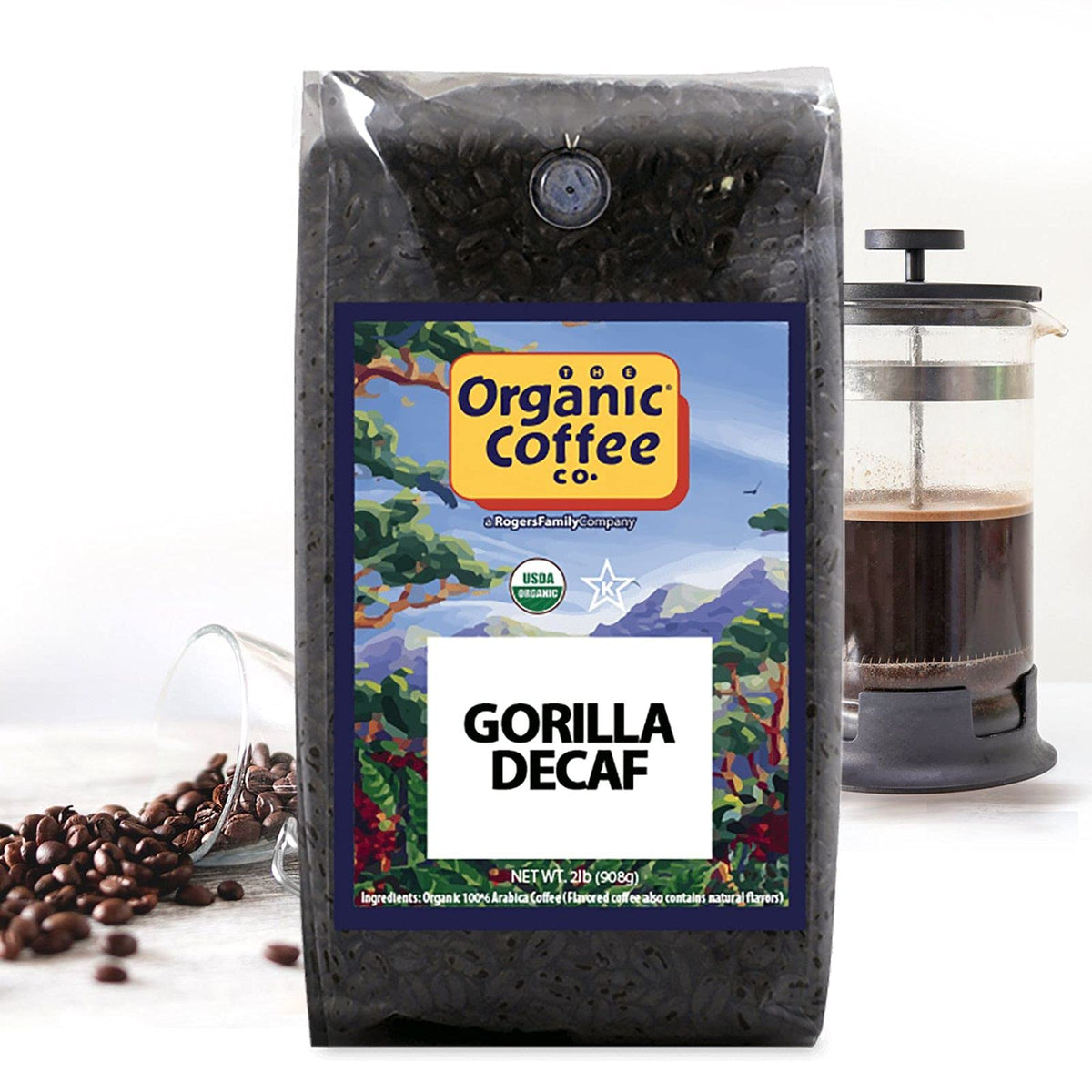 The Organic Coffee Co. Gorilla Decaf Whole Bean Coffee 2LB – Water Processed, USDA Organic