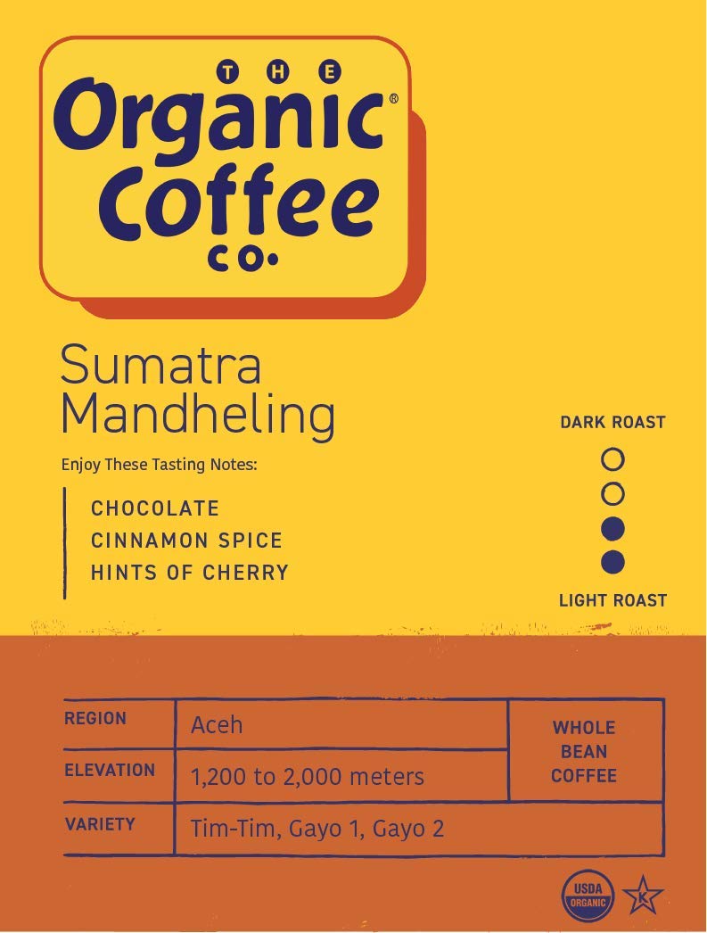The Organic Coffee Co. Sumatra Mandheling Whole Bean Coffee – 2LB, Medium Light Roast, USDA Organic
