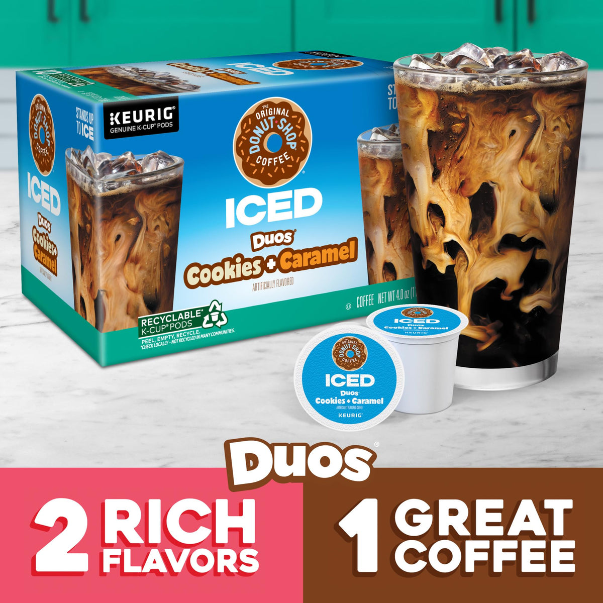 The Original Donut Shop ICED Duos Cookies + Caramel Coffee K-Cups — 60 Count (6 Packs of 10)
