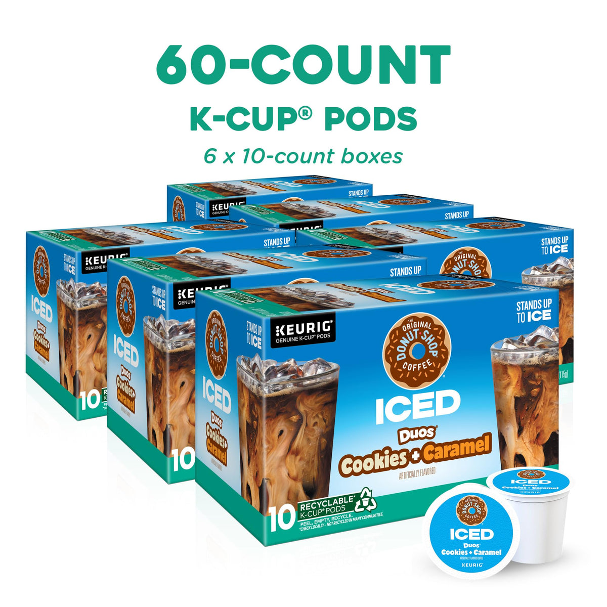 The Original Donut Shop ICED Duos Cookies + Caramel Coffee K-Cups — 60 Count (6 Packs of 10)