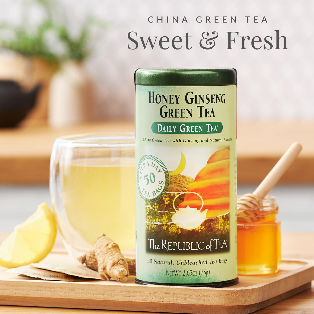 The Republic of Tea Honey Ginseng Green Tea – 100 Bags, Refill Pack