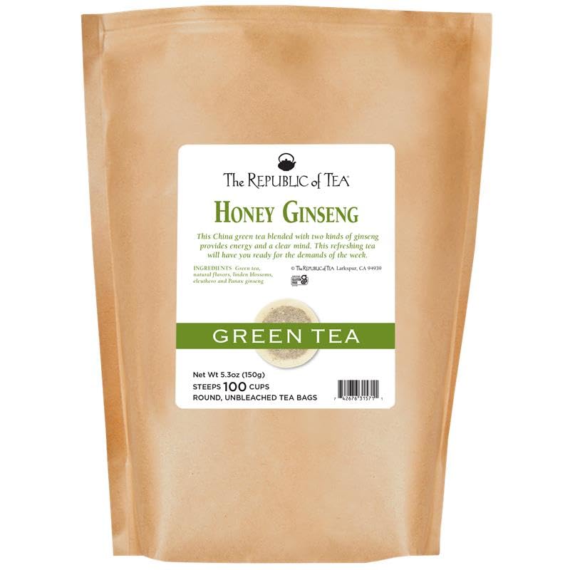 The Republic of Tea Honey Ginseng Green Tea – 100 Bags, Refill Pack