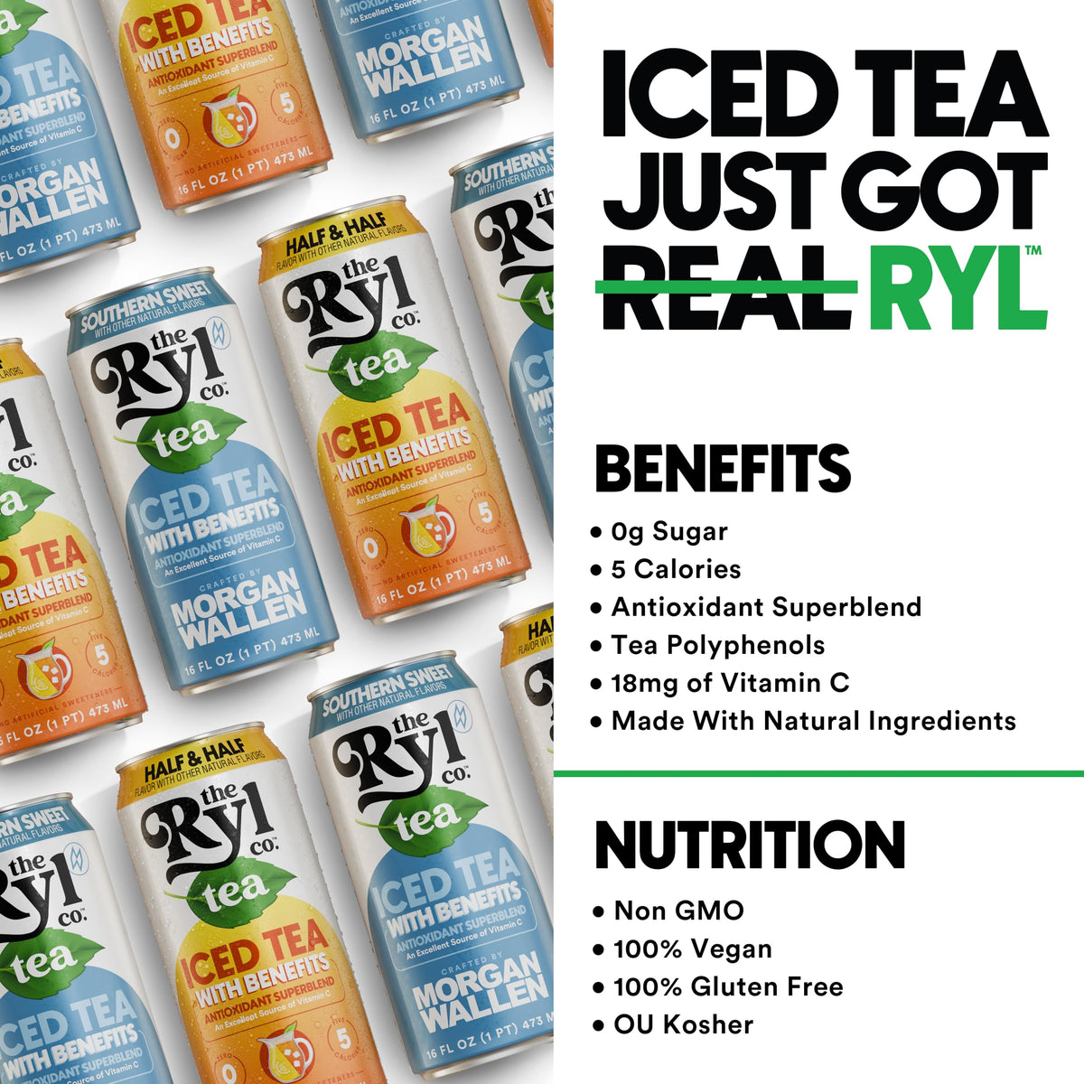 Ryl Co Front Porch Iced Tea – Sweet Tea & Half & Half, Zero Sugar, Low Calorie, Non-GMO, USA Made, 12-Pack, 16 fl oz