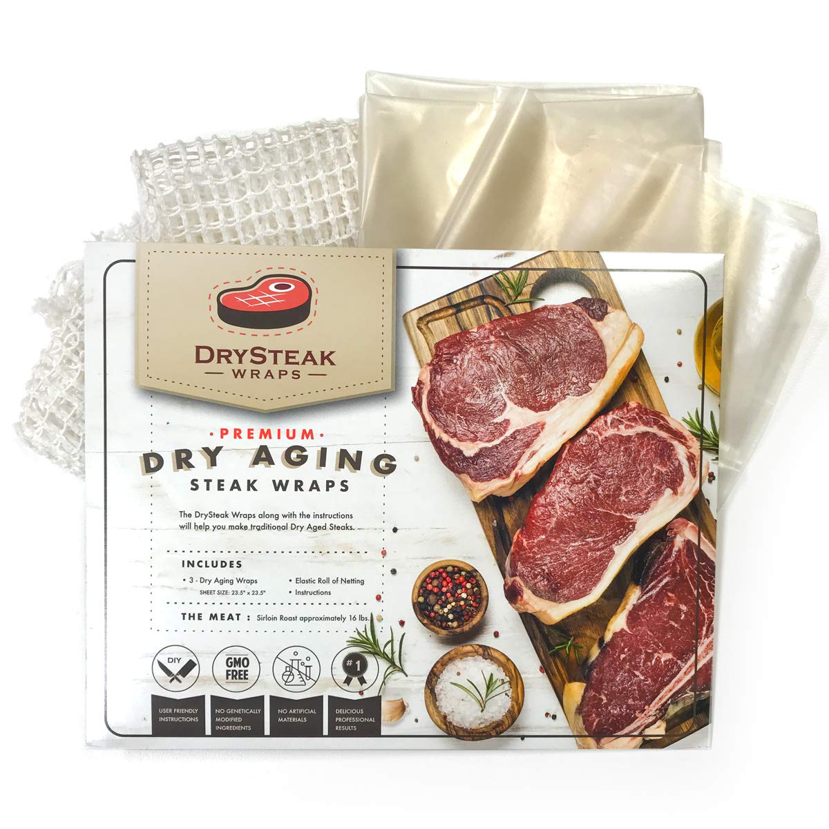 The Sausage Maker 3 Dry Age Bags for Meat – Home Dry Aging Kit with Netting Roll, 24x24 inches, Up to 16 Lbs