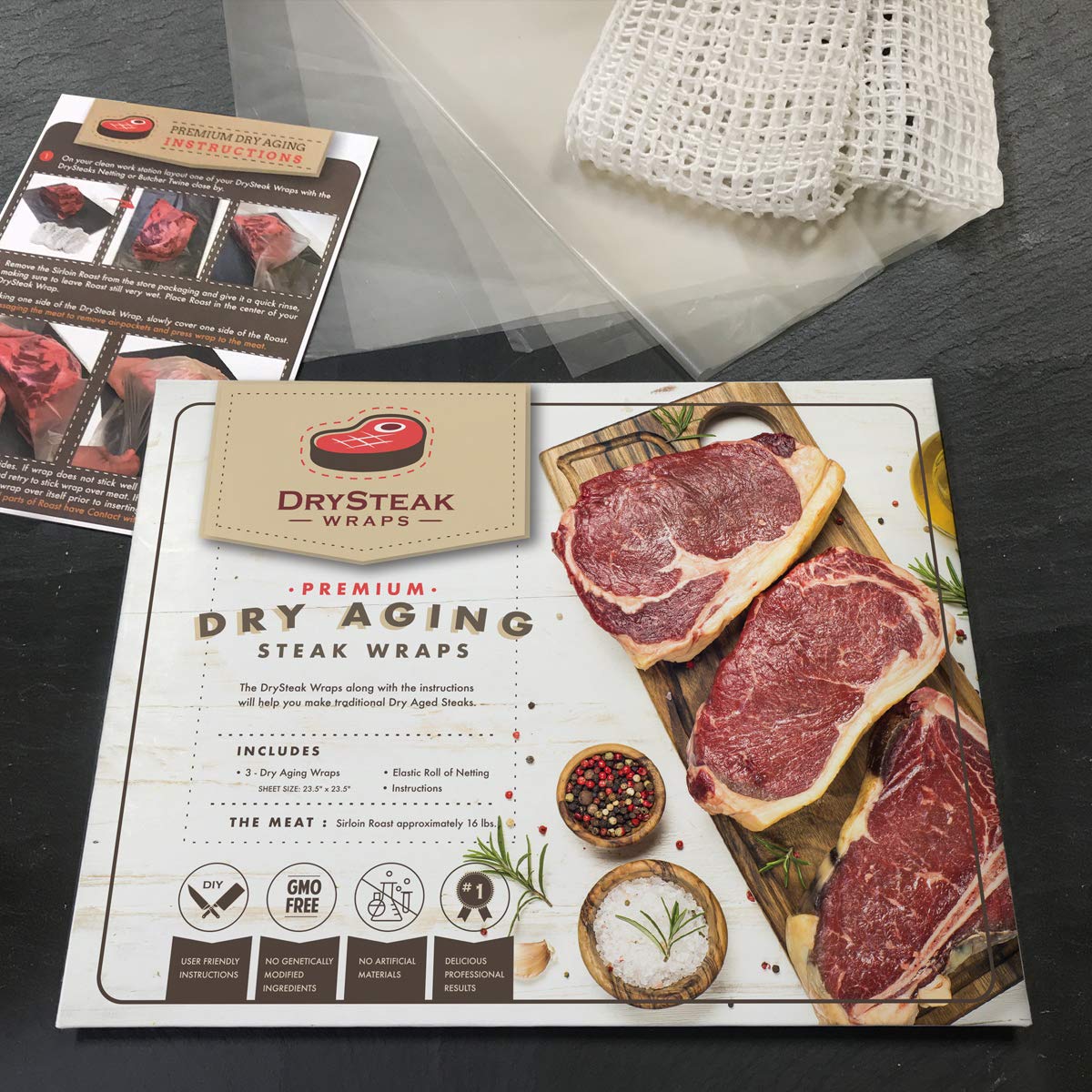 The Sausage Maker 3 Dry Age Bags for Meat – Home Dry Aging Kit with Netting Roll, 24x24 inches, Up to 16 Lbs