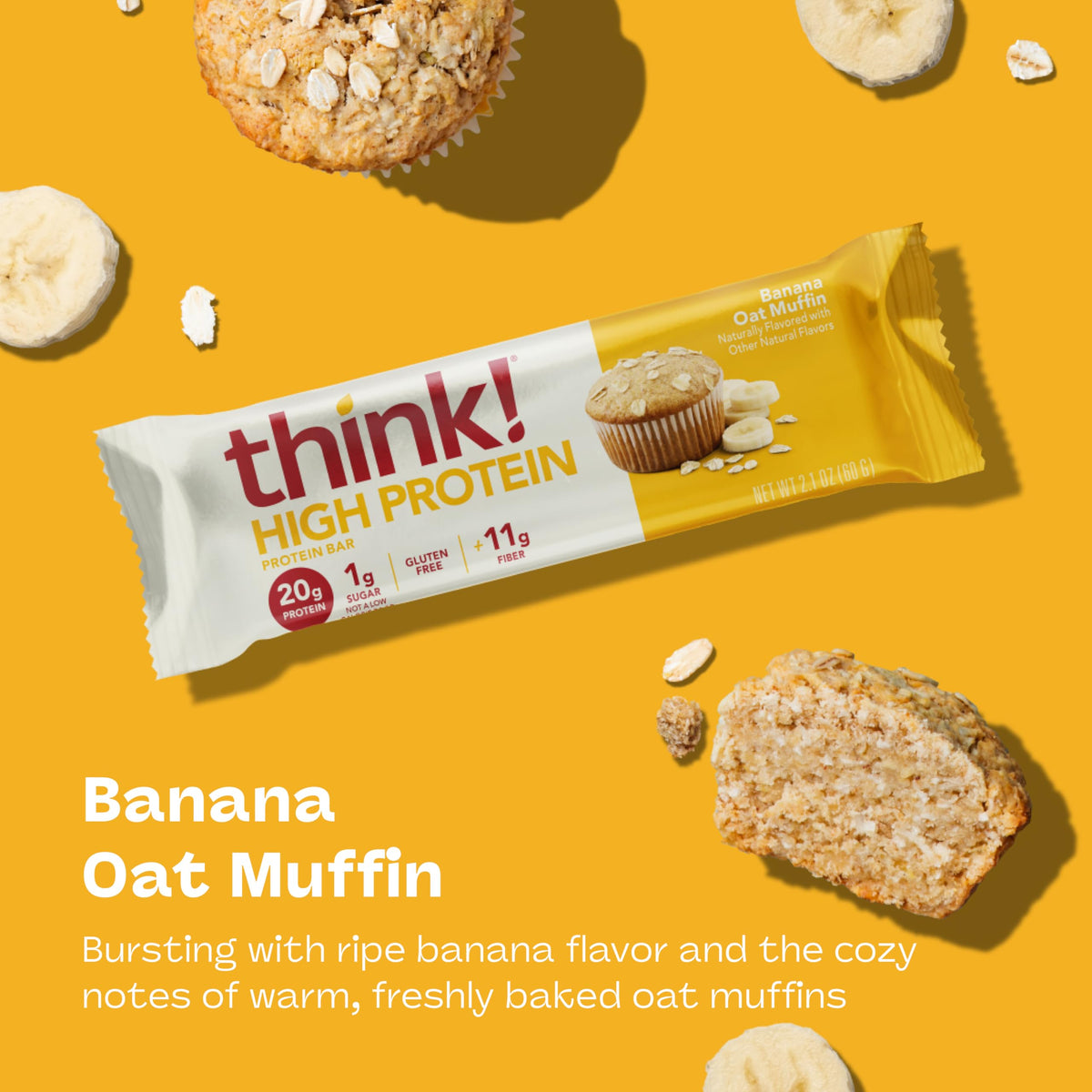 think! Banana Oat Muffin Bar – Gluten Free, 20g Protein, 11g Fiber, 1g Sugar | 10 Count