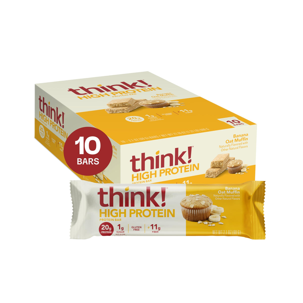 think! Banana Oat Muffin Bar – Gluten Free, 20g Protein, 11g Fiber, 1g Sugar | 10 Count