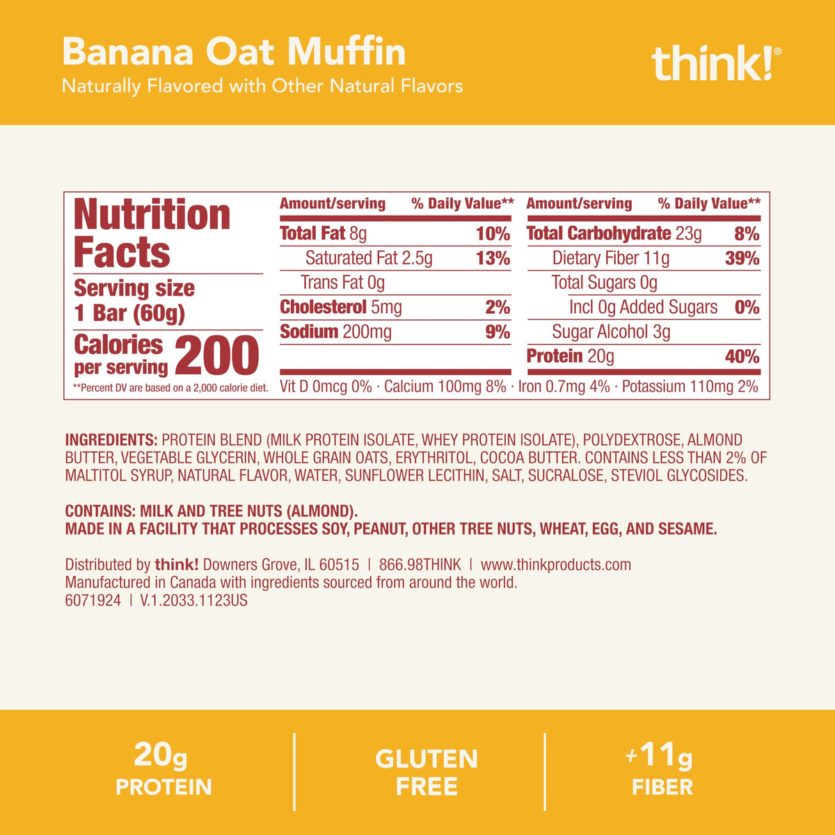 think! Banana Oat Muffin Bar – Gluten Free, 20g Protein, 11g Fiber, 1g Sugar | 10 Count