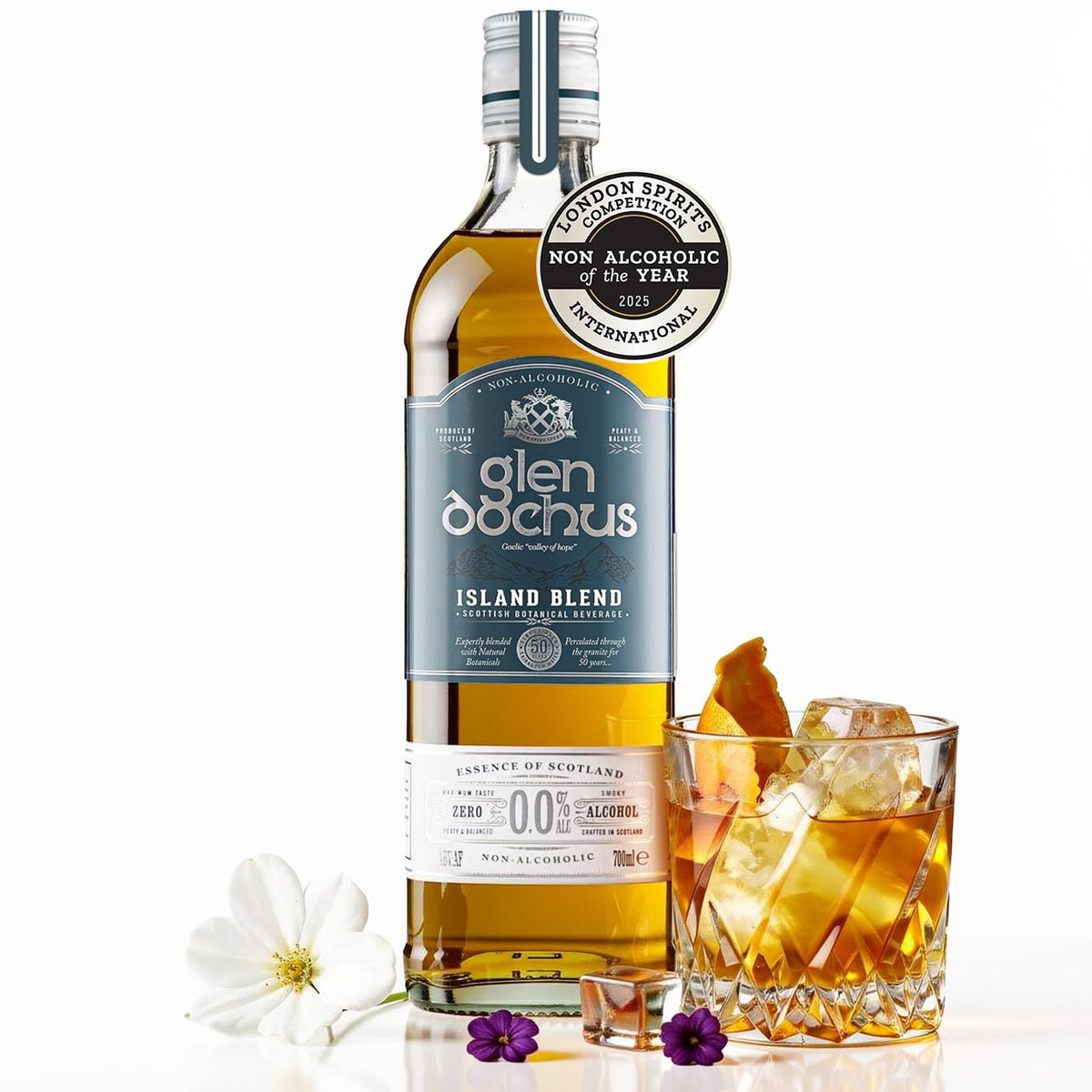 Glen Dochus Island Blend Non Alcoholic Whiskey – Peaty, Smoky Scottish NA Spirit (700ml) | Halal, Low Sugar